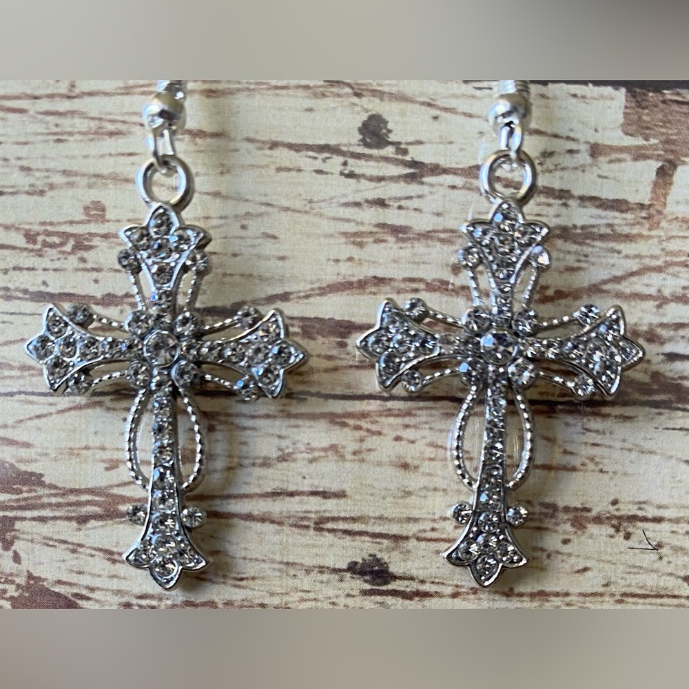 Sparkling Silver Large Rhinestone Cross Dangle Earrings